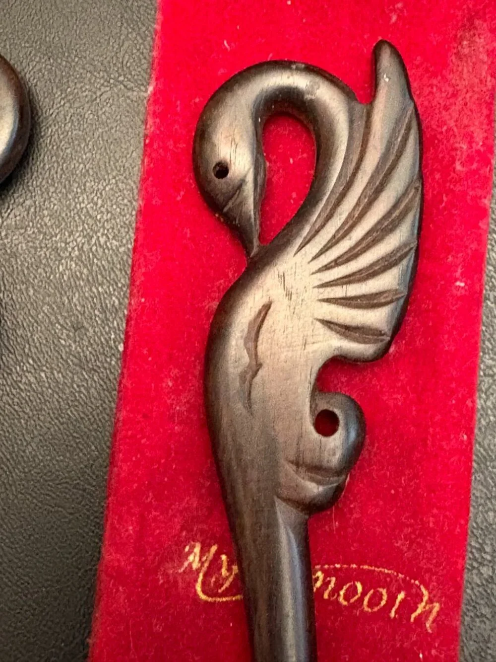 Pair Carved Dark Wood Swan Hair Sticks 7
